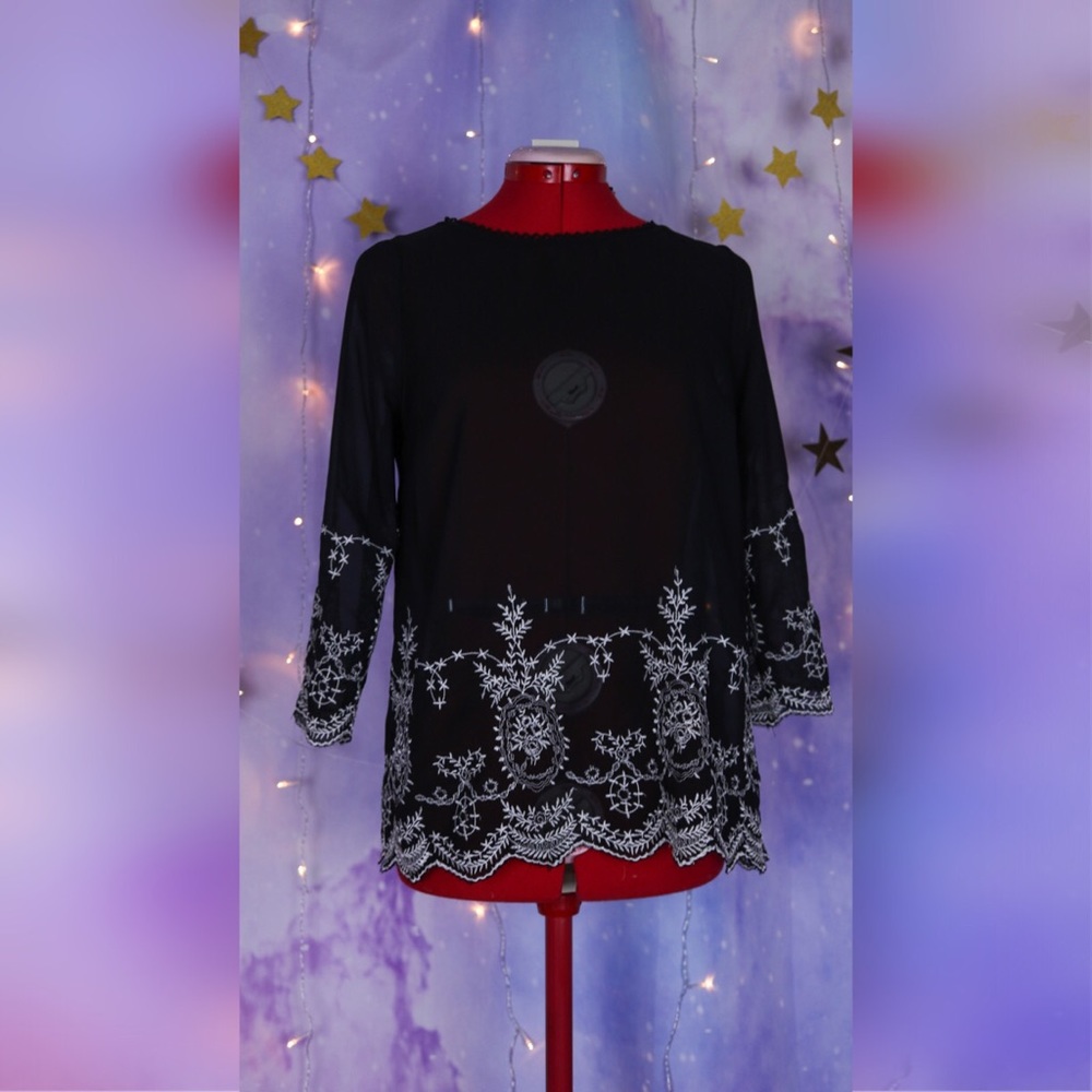 Sheer black blouse w/ lovely white lace embroidery